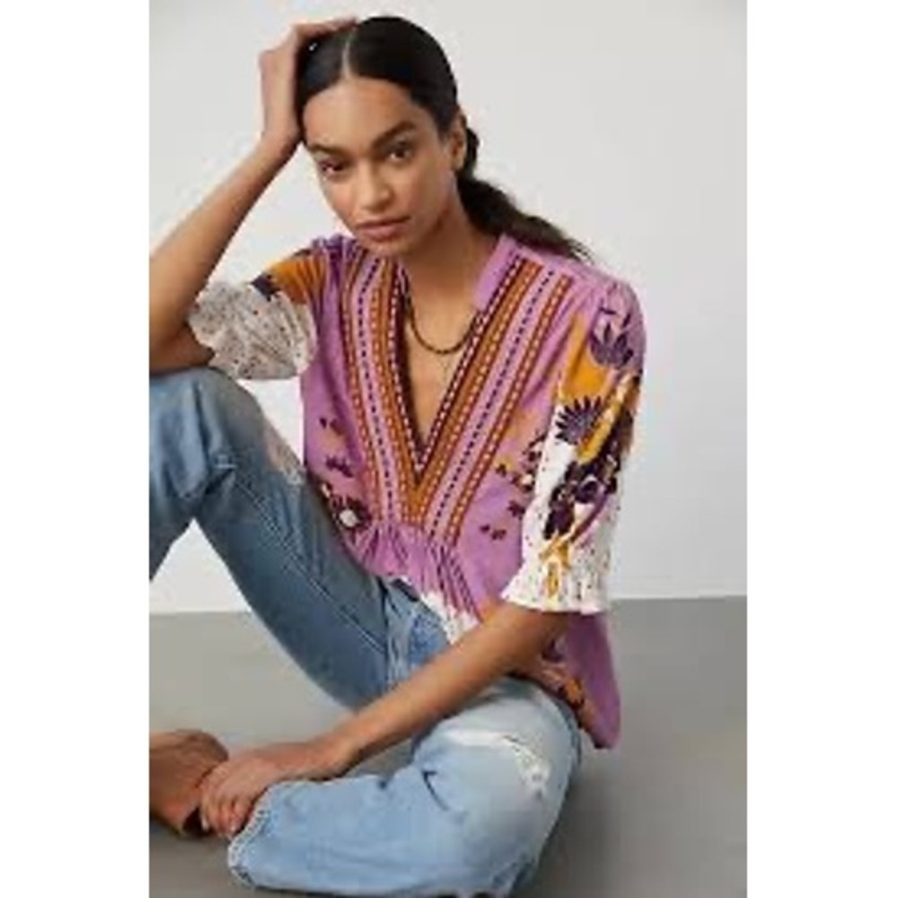 Blank London Purple Floral Polka Dot V-Neck Blouse Embroidered Trim Small